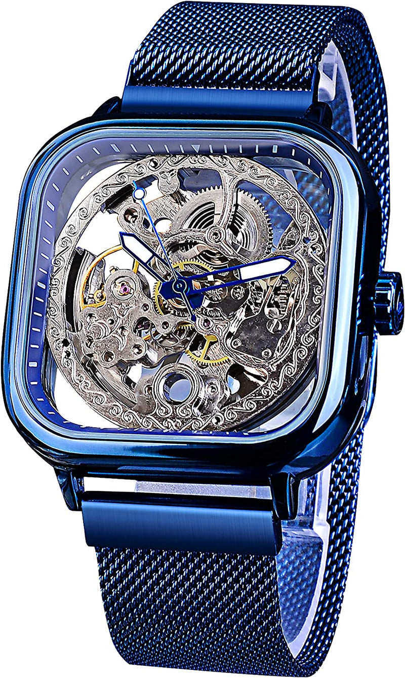 Gorgeous Hollow Skeleton Self-Wind Carved Automatic Men Watch with Vintage Metal Strap Blue