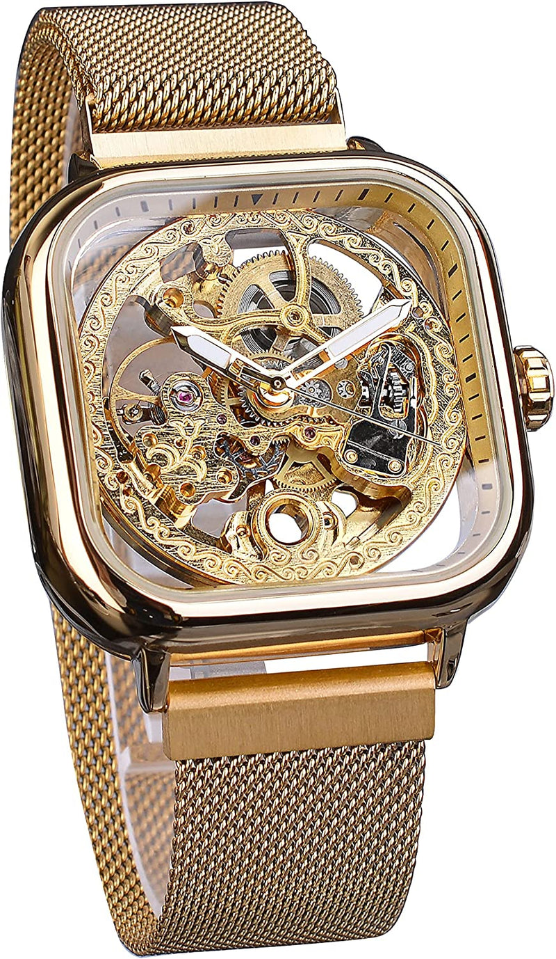 Gorgeous Hollow Skeleton Self-Wind Carved Automatic Men Watch with Vintage Metal Strap