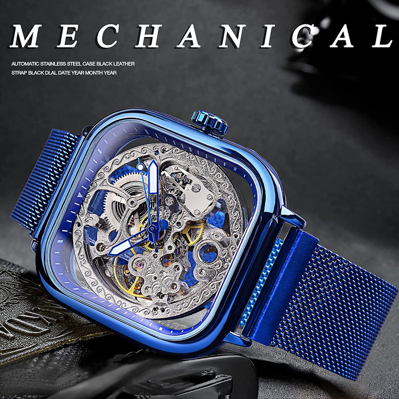 Gorgeous Hollow Skeleton Self-Wind Carved Automatic Men Watch with Vintage Metal Strap Blue