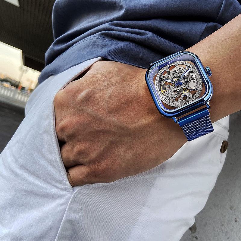 Gorgeous Hollow Skeleton Self-Wind Carved Automatic Men Watch with Vintage Metal Strap Blue