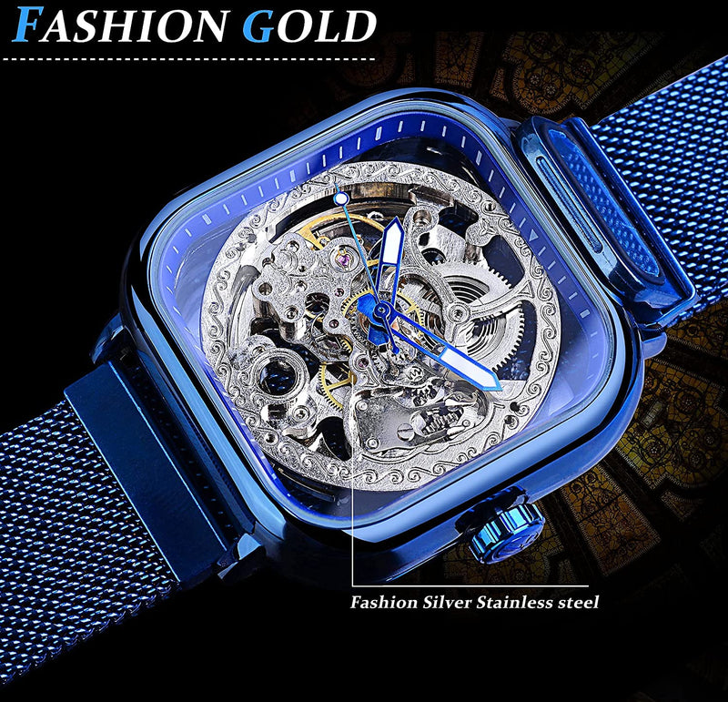 Gorgeous Hollow Skeleton Self-Wind Carved Automatic Men Watch with Vintage Metal Strap Blue