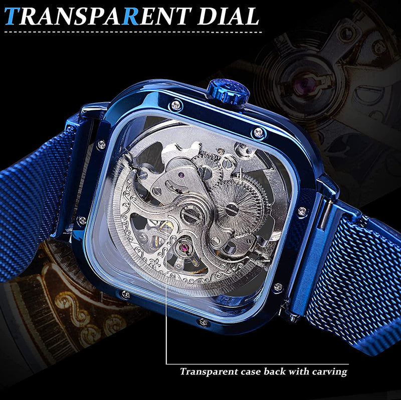 Gorgeous Hollow Skeleton Self-Wind Carved Automatic Men Watch with Vintage Metal Strap Blue