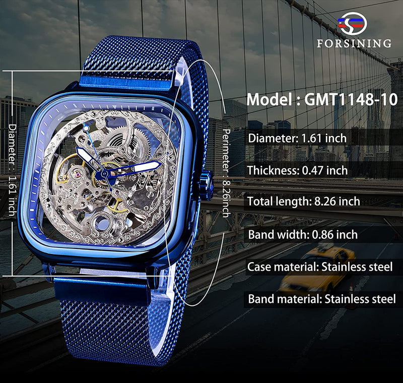 Gorgeous Hollow Skeleton Self-Wind Carved Automatic Men Watch with Vintage Metal Strap Blue