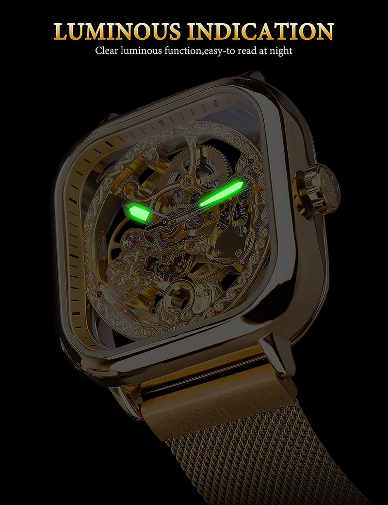 Gorgeous Hollow Skeleton Self-Wind Carved Automatic Men Watch with Vintage Metal Strap