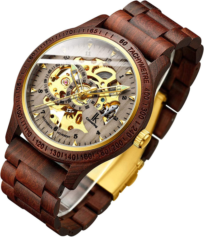 Luxury Mechanical Wooden Case Skeleton Lumious Men's Watch Brown