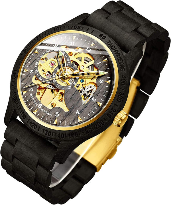 Luxury Mechanical Wooden Case Skeleton Lumious Men's Watch Black