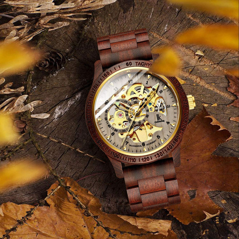 Luxury Mechanical Wooden Case Skeleton Lumious Men's Watch Brown