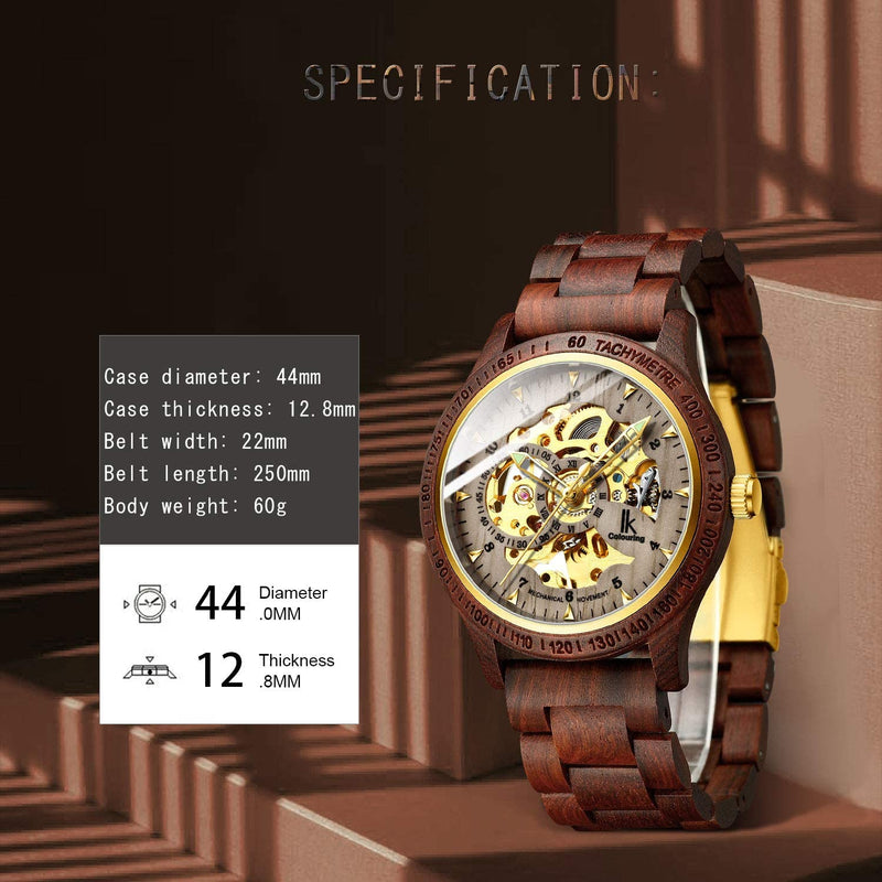 Luxury Mechanical Wooden Case Skeleton Lumious Men's Watch Brown