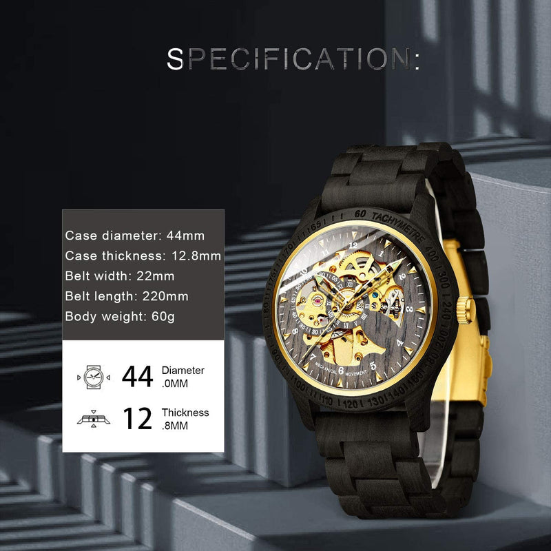 Luxury Mechanical Wooden Case Skeleton Lumious Men's Watch Black