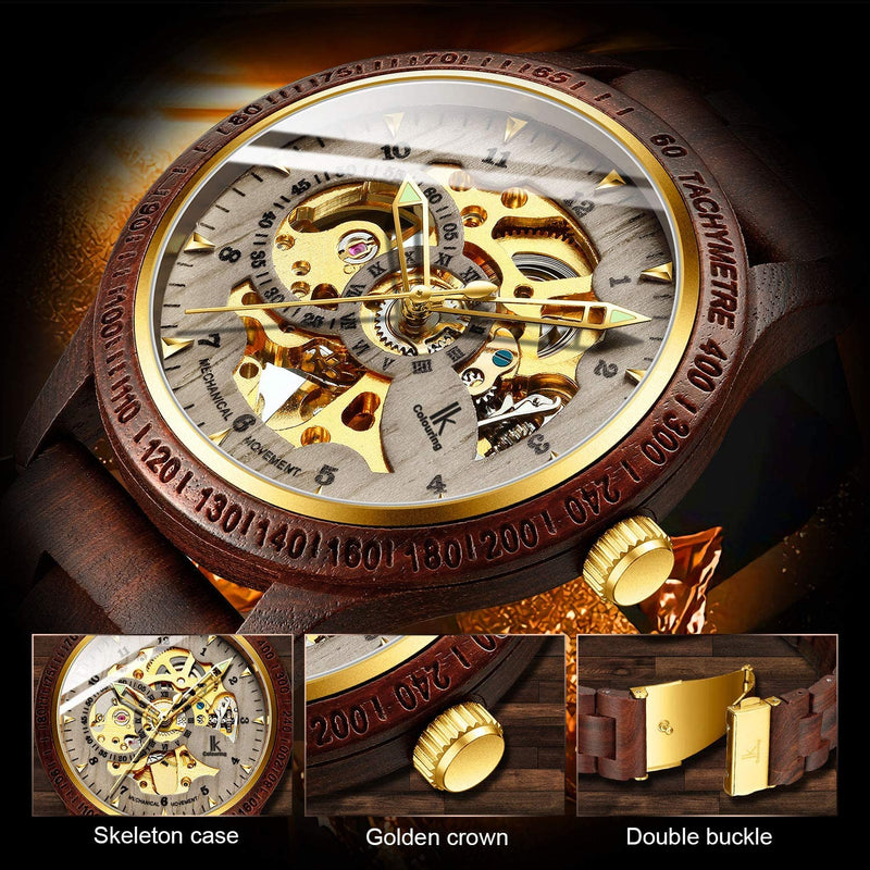 Luxury Mechanical Wooden Case Skeleton Lumious Men's Watch Brown