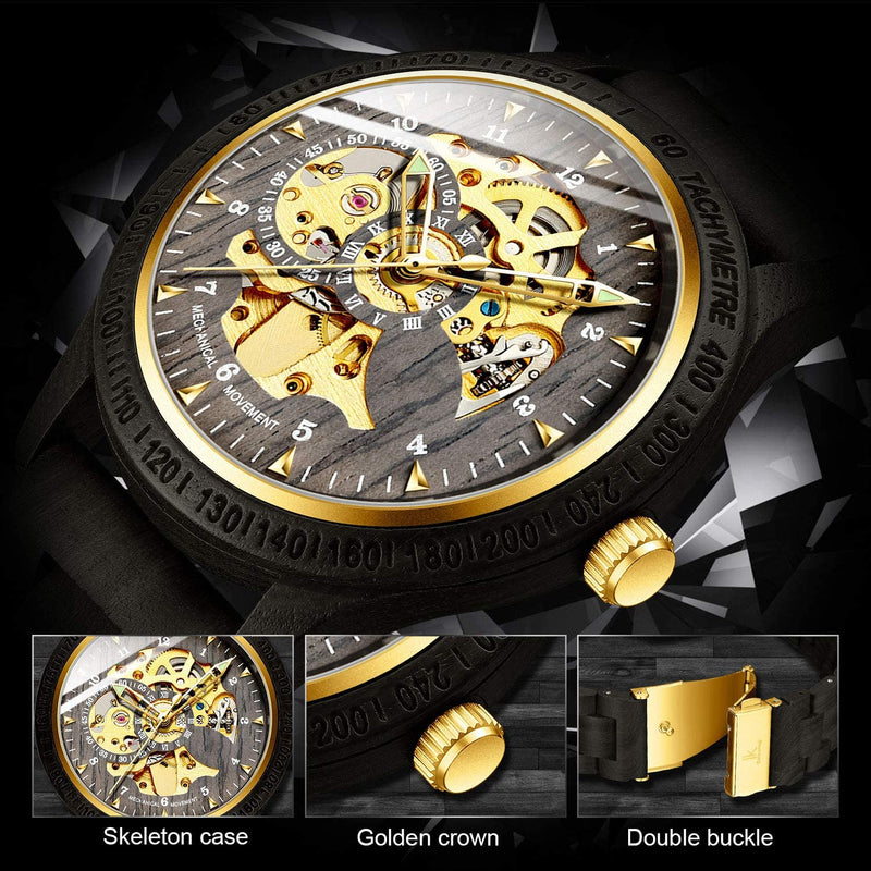 Luxury Mechanical Wooden Case Skeleton Lumious Men's Watch Black