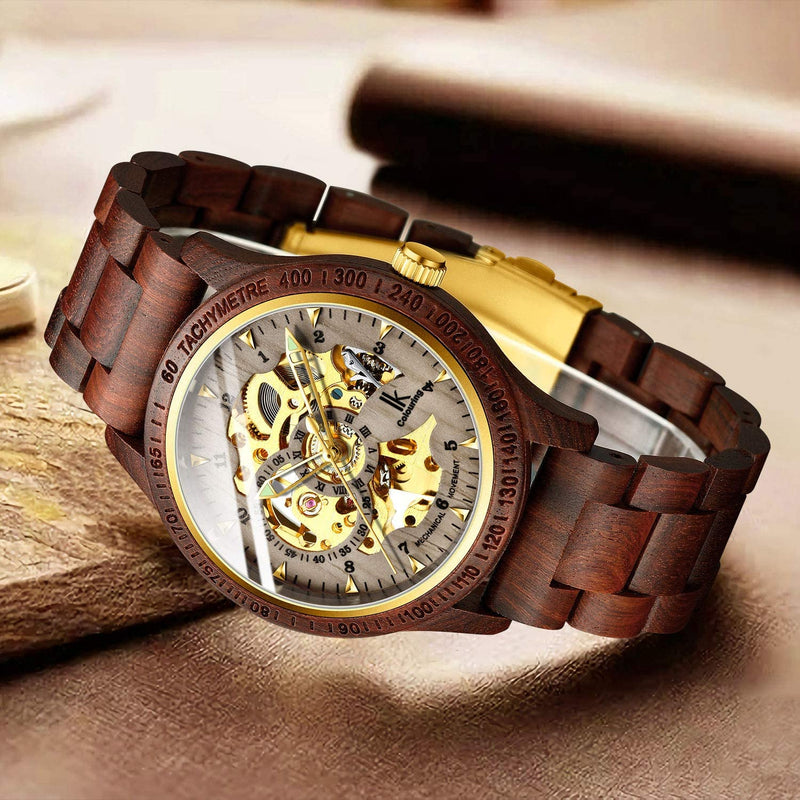 Luxury Mechanical Wooden Case Skeleton Lumious Men's Watch Brown