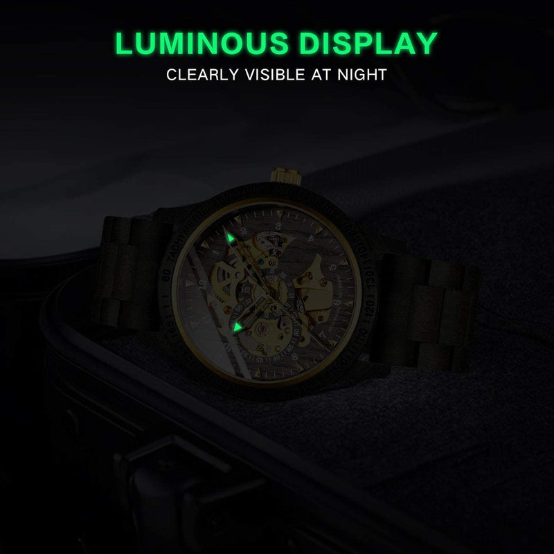 Luxury Mechanical Wooden Case Skeleton Lumious Men's Watch Black