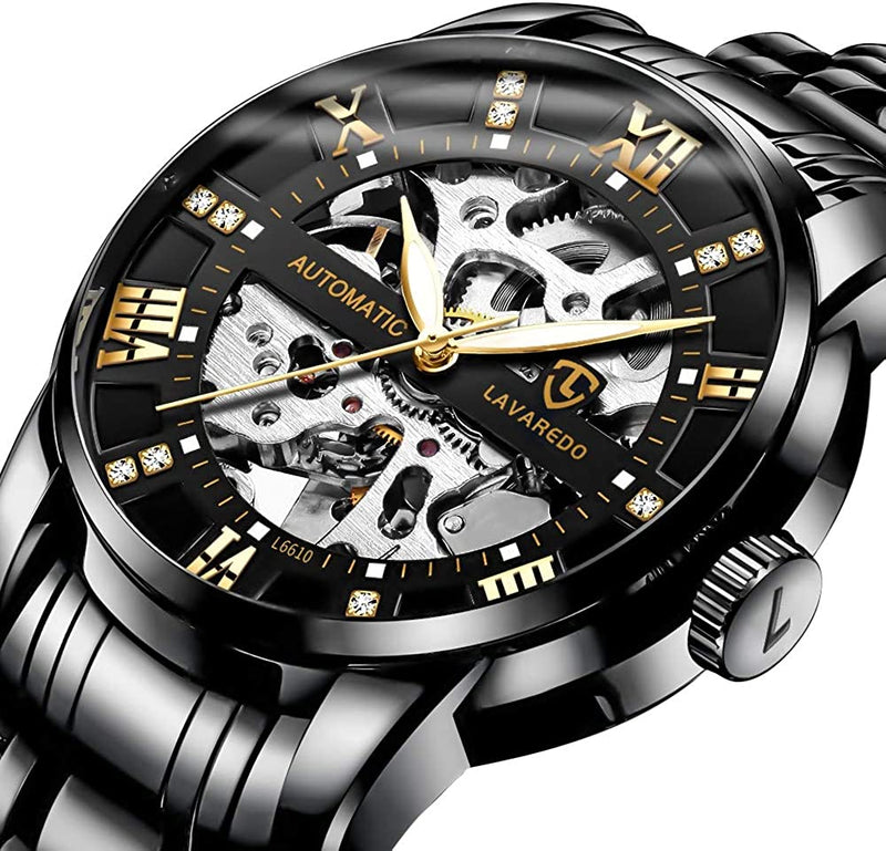 Luxury Mens Skeleton Watch with Roman Numerals Diamond Dial