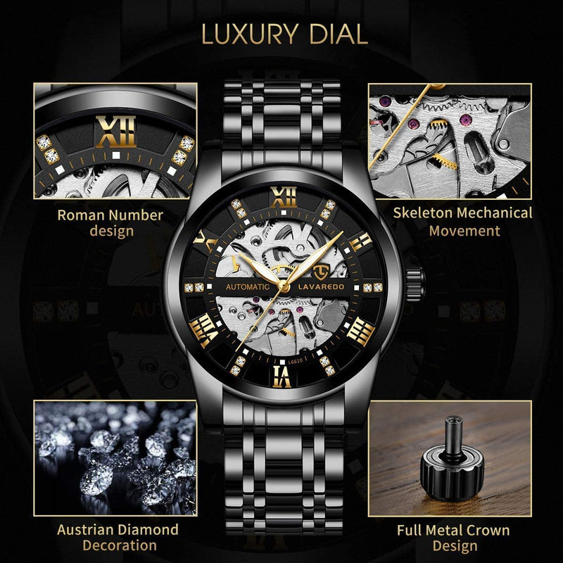 Luxury Mens Skeleton Watch with Roman Numerals Diamond Dial