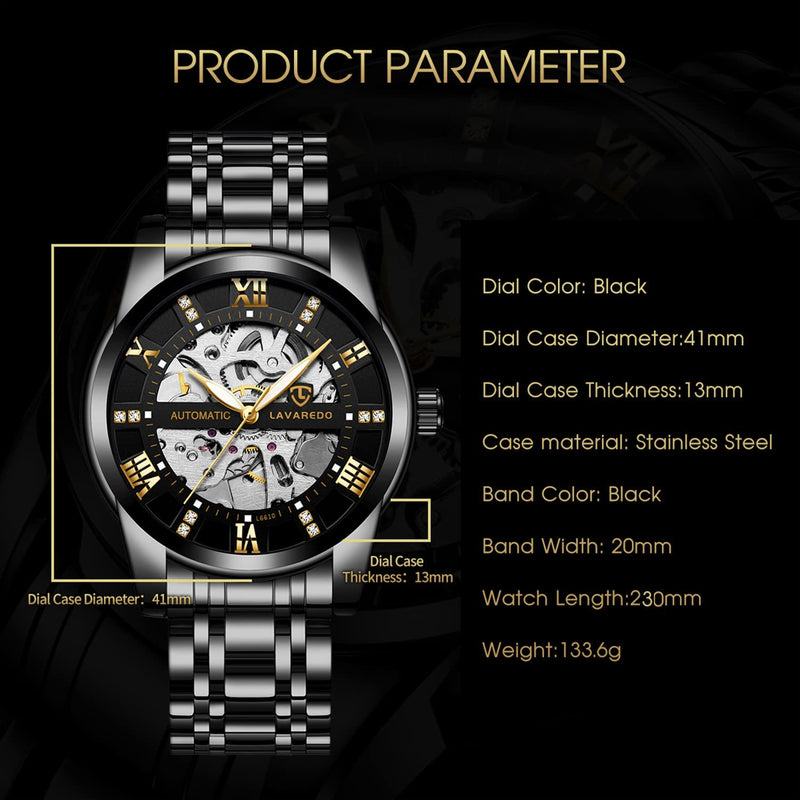 Luxury Mens Skeleton Watch with Roman Numerals Diamond Dial