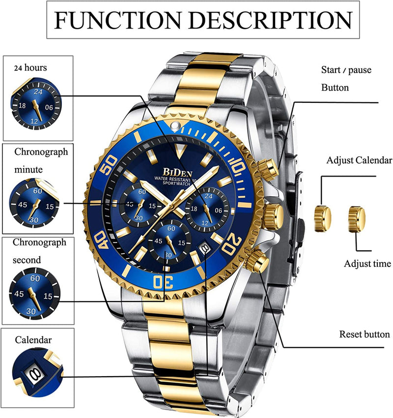 Chronograph Waterproof Stainless Steel Analog Quartz Watch With Date