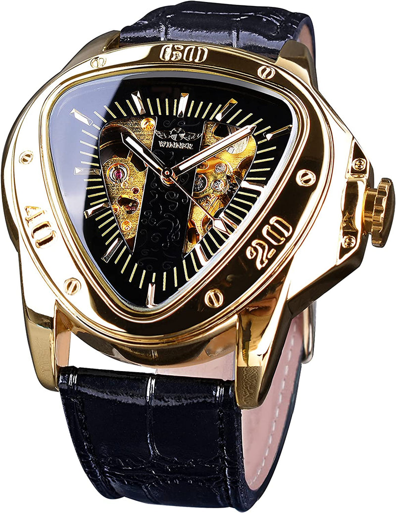 Pilot Rows Golden Skeleton Triangle Racing Dial Mechanical Leather Wrist Watch