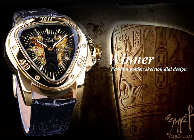 Pilot Rows Golden Skeleton Triangle Racing Dial Mechanical Leather Wrist Watch