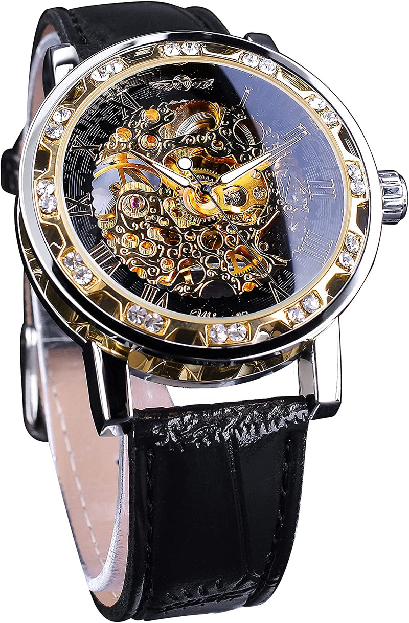 Retro Mechanical Skeleton Men Skeleton Wrist Watch with Diamond and Carving Flower