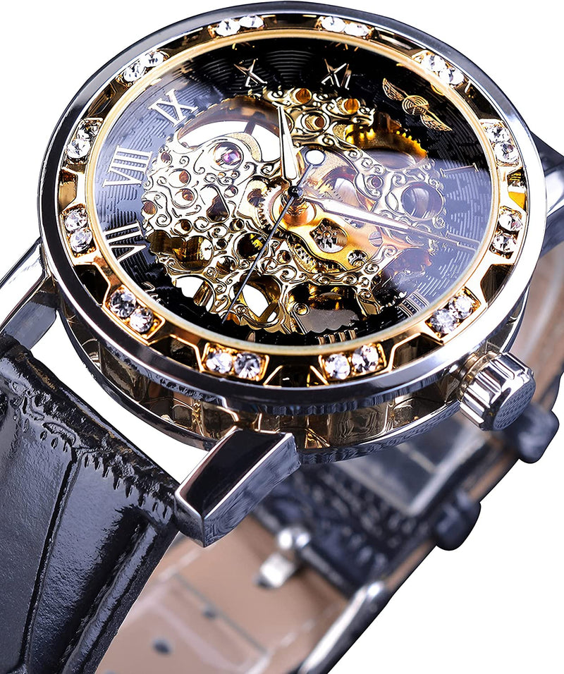 Retro Mechanical Skeleton Men Skeleton Wrist Watch with Diamond and Carving Flower