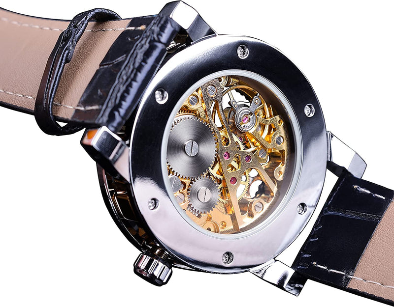 Retro Mechanical Skeleton Men Skeleton Wrist Watch with Diamond and Carving Flower