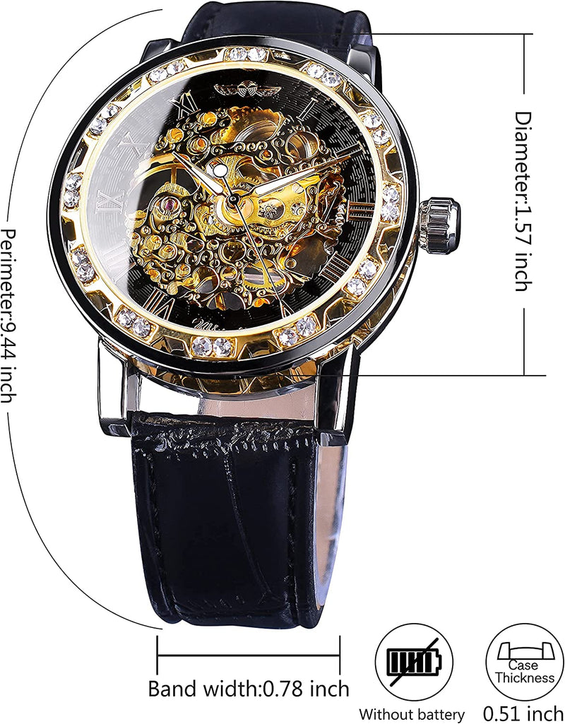 Retro Mechanical Skeleton Men Skeleton Wrist Watch with Diamond and Carving Flower